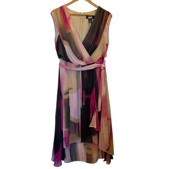 Dkny Dresses & Skirts - DKNY Pink/Black/Beige Print V-Neck Surplice Tie-Waist High-Low Dress - Size 14W